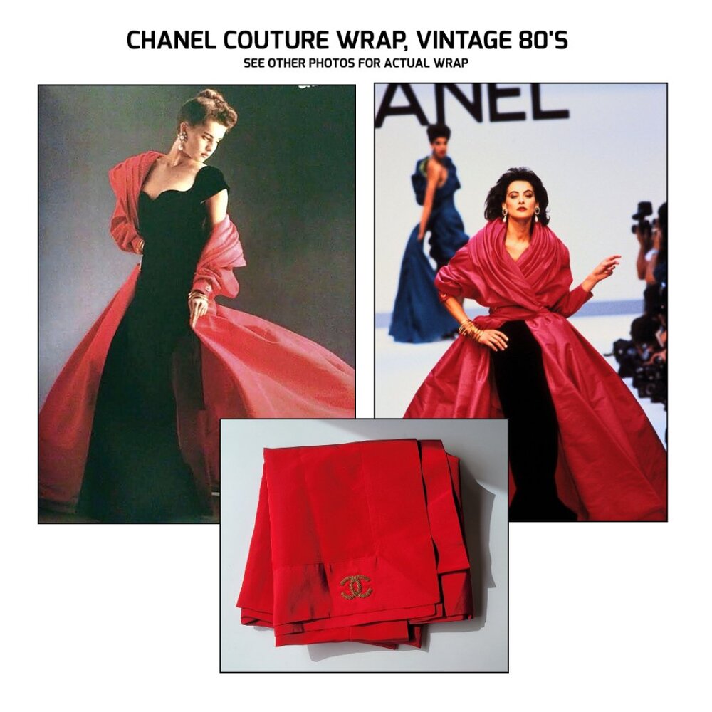 CHANEL Authentic Couture Red Silk Wrap Stole Shawl with embroidered CC's large